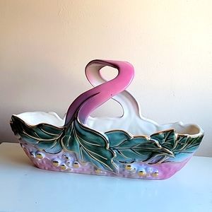 HULL USA 1950s Green Berry Rose & Gold Basket Planter Vase